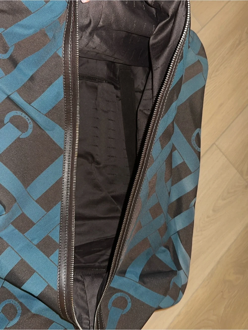 Lancel Teal & Brown Patterned Travel Case with Leather Trim